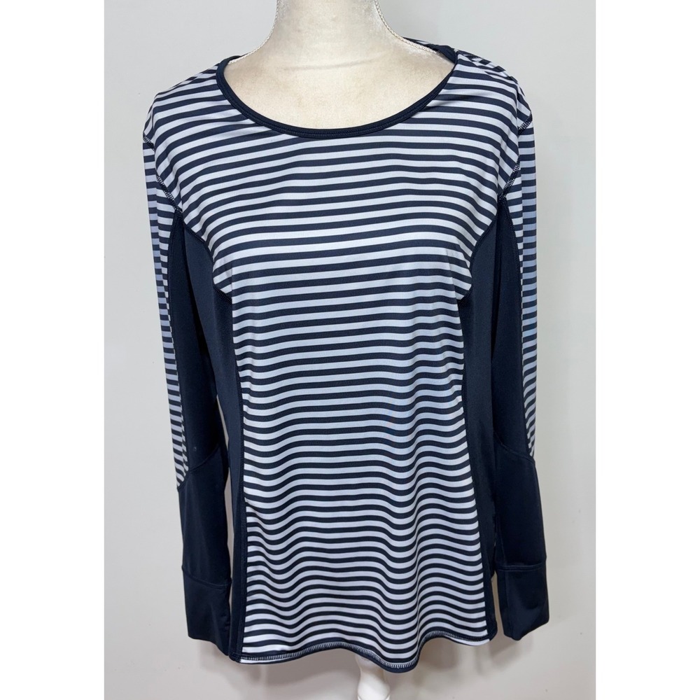 Lands End Sport Womens XL Navy Blue White Striped Long Sleeve Performance Top